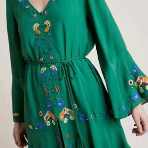 Anthropologie Farm Rio Jessalyn Emboidered Green Floral Cottage Core Dress S